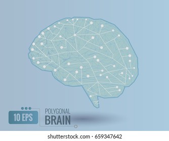 Simply stylized polygonal brain with connected dots on dark blue background