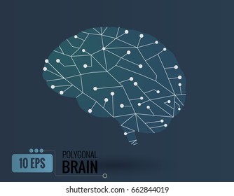 Simply stylized polygonal brain with connected dots on dark blue background