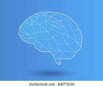 Simply stylized polygonal brain with white line on blue background