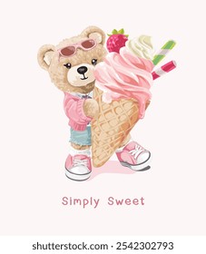 simply sweet slogan with girly bear doll holing strawberry ice cream vector illustration
