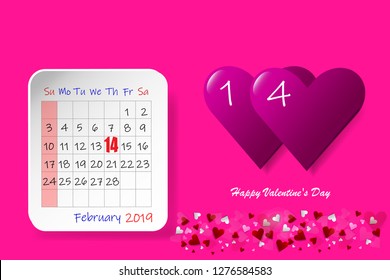 Simply Valentine's Day vector with two pink hearts with 14 numbers in the right side of the vector. February calendar sheet is in the left side of the vector. All is on a trendy pink background. 