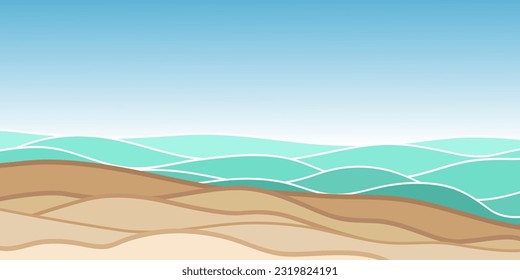 Simply vector background with sea waves and sand. Vector illustration for posters, t-shirts, cards, invitations, stickers, banners, advertisement, design.