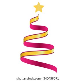 Simply vector christmas tree. Color christmas tree. Christmas tree with golden star. Xmas tree ribbon. Happy christmas greeting card with tree. Symbol of christmas. Vector illustration christmas tree.