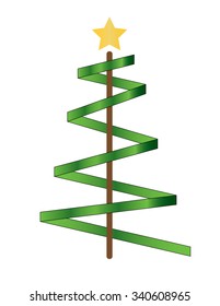Simply vector christmas tree.Green christmas tree. Christmas tree with golden star. Xmas tree ribbon. Happy christmas greeting card with tree. Symbol of christmas. Vector illustration christmas tree.