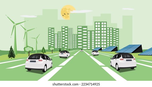 Simulate a city without pollution. Picture of an electric car heading into the city. with solar panels and wind turbines beside the road. Cartoon image EPS10 vector. 