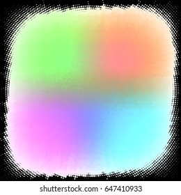 simulated paint rounds. 4 colors: green, orange, blue, pink. black background. halftone effect. vector illustration.