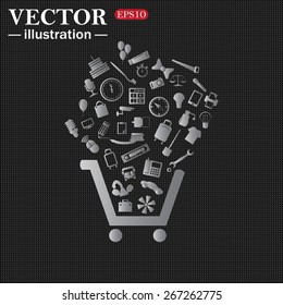 Simulating the structure of black plastic.  Set of icons. Put into shopping cart. Great buy. Cart of goods. Supermarket, web icon. vector design