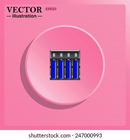 Simulating the structure of plastic. On a pink background pink circle with a shadow. battery charger with batteries, vector illustration, EPS 10 