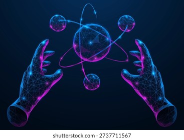 Simulation of an elementary particle. Virtual hands interact with an atom in a digital space. The concept of modeling the microcosm using augmented reality and artificial intelligence.