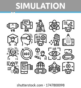 Simulation Equipment Collection Icons Set Vector. Virtual Reality Vr Glasses And Simulation Device, 360 Degree View And Rotation Arrows Concept Linear Pictograms. Monochrome Contour Illustrations
