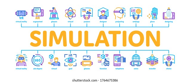 Simulation Equipment Minimal Infographic Web Banner Vector. Virtual Reality Vr Glasses And Simulation Device, 360 Degree View And Rotation Arrows Illustration