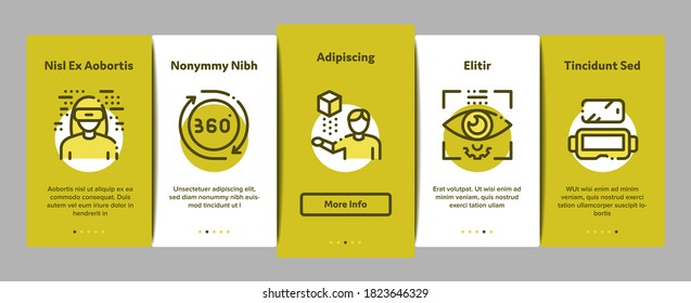 Simulation Equipment Onboarding Mobile App Page Screen Vector. Virtual Reality Vr Glasses And Simulation Device, 360 Degree View And Rotation Arrows Color Illustrations