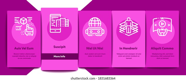 Simulation Equipment Onboarding Mobile App Page Screen Vector. Virtual Reality Vr Glasses And Simulation Device, 360 Degree View And Rotation Arrows Color Illustrations
