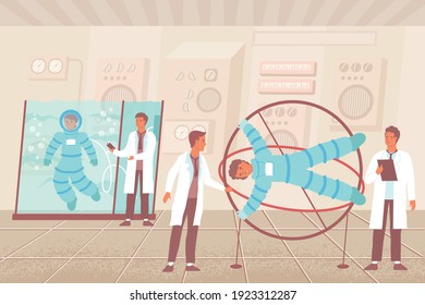 Simulator astronaut flat composition with characters of scientists with weightlessness and gravity load appliances for cosmonauts vector illustration