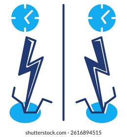 Simultaneity icon represented by clock, lightning Dualtone style.
