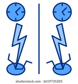 Ícone de simultaneidade representado pelo relógio, estilo azul relâmpago.