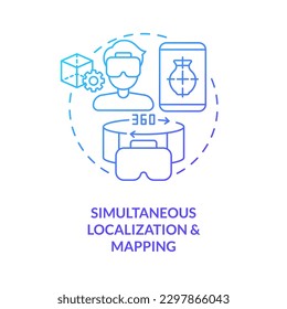 Simultaneous localization and mapping blue gradient concept icon. Metaverse synthetic data solution abstract idea thin line illustration. Isolated outline drawing. Myriad Pro-Bold font used