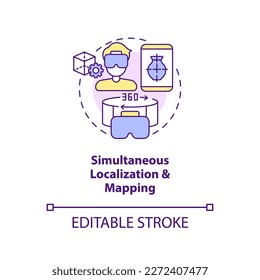 Simultaneous localization and mapping concept icon. Metaverse synthetic data solution abstract idea thin line illustration. Isolated outline drawing. Editable stroke. Arial, Myriad Pro-Bold fonts used