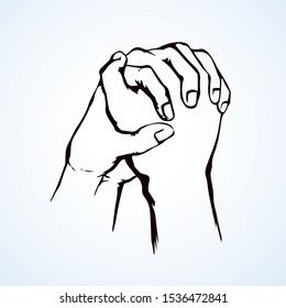 Sin beg supplication on white background. Outline love praise concept logo pictogram. Line black ink drawn old monk thank fold clap emblem in retro art engrave cartoon style on paper space for text