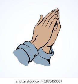Sin beg supplication on white background. Outline love praise concept logo pictogram. Line black ink drawn old monk thank fold clap emblem in retro art engrave cartoon style on paper space for text