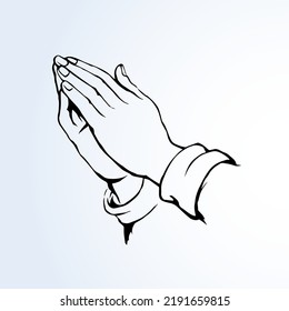 Sin beg supplication on white background. Outline love praise concept logo pictogram. Line black ink drawn old monk thank fold clap emblem in retro art engrave cartoon style on paper space for text