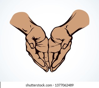 Sin body palm help praise on white paper space for text. Lord show care concept line logo pictogram. Outline black drawn old monk thank fold emblem in retro art doodle cartoon style. Close up top view