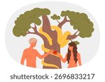 Sin committed by adam and eve in garden of eden, plucking apple discord from tree with snake of temptation. Legend of original sin in christian religion and biblical stories about creation of mankind