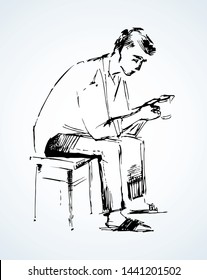Sin depressed sorrow worry beg young arm eat cup of tea on white paper. Freehand outline coffee concept logo pictogram sign icon. Black ink drawn youth body emblem in retro art scribble cartoon style