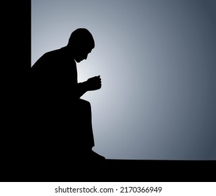 Sin depressed sorrow worry beg young arm elbow on knee on white paper. Freehand outline faith concept logo pictogram sign icon. Black ink drawn youth body emblem in retro art scribble cartoon style