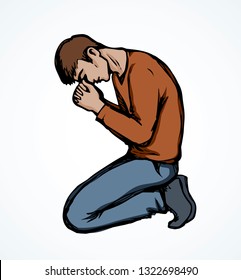 Sin depressed sorrow worry supplication on white background. Line love praise palm concept logo pictogram. Black drawn young thank plead fold soul body finger emblem in retro art doodle cartoon style