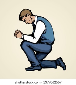 Sin depressed sorrow worry supplication on white background. Line love praise palm concept logo pictogram. Black drawn young thank plead fold soul body finger emblem in retro art doodle cartoon style