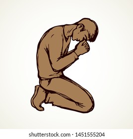 Sin depressed sorrow worry supplication on white background. Line love praise palm concept logo pictogram. Black drawn young thank plead fold soul body finger emblem in retro art doodle cartoon style