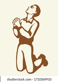 Sin depressed sorrow worry supplication on white background. Line love praise palm concept logo pictogram. Black drawn young thank plead fold soul body finger emblem in retro art doodle cartoon style