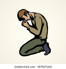 Sin depressed sorrow worry supplication on white background. Line love praise palm concept logo pictogram. Black drawn young thank plead fold soul body finger emblem in retro art doodle cartoon style