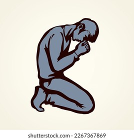 Sin depressed sorrow worry supplication on white background. Line love praise palm concept logo pictogram. Black drawn young thank plead fold soul body finger emblem in retro art doodle cartoon style