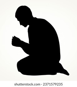 Sin depressed sorrow worry supplication trust guy white background. Biblic love praise fold palm finger boy divine concept logo pictogram black drawn young thank plead soul body emblem retro art style