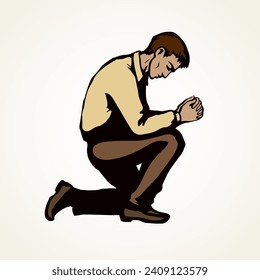Sin depressed sorrow worry supplication on white background. Line love praise palm concept logo pictogram. Black drawn young thank plead fold soul body finger emblem in retro art doodle cartoon style
