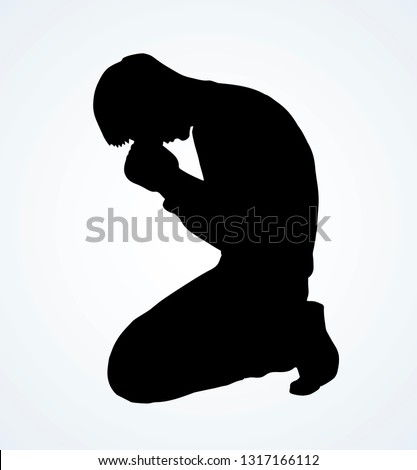Sin depressed sorrow worry supplication on white background. Biblical love praise palm boy concept logo pictogram. Black drawn young thank plead fold soul body emblem in retro art contour style