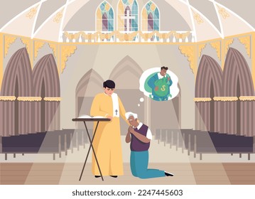 Composición plana sin religión con el paisaje interior de la iglesia con arrodillamiento sacerdote y penitente en ilustración vectorial de oración