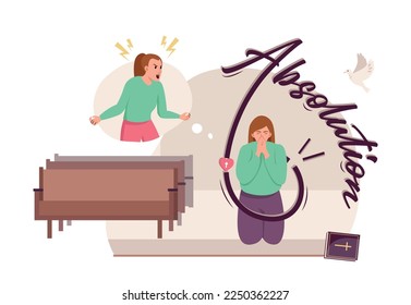Sin religion flat composition with ornate text and view of crying and praying female characters absolution vector illustration