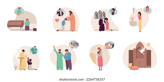 Sin religion flat set with isolated round compositions with reconciliation room and people kneeling in prayer vector illustration