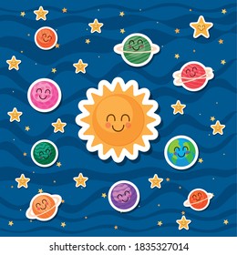 Sin and space cartoons on blue background of futuristic and cosmos theme Vector illustration