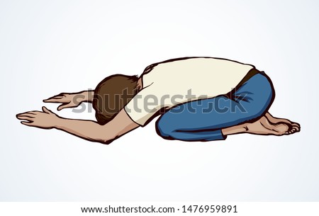 Sin strong tired fear fail convict greek guy beg on white sand earth background. Outline praise bless logo icon. Line black ink drawn saint hope captive force sign emblem as retro art biblical cartoon