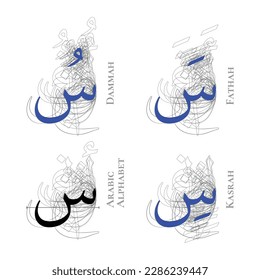 SIN Vector Isolated Fathah Kasrah Dammah Vowel Arabic Alphabet Type Character Letters Script Naskh Nuqta Form Hamzah Outline Shadow Structure Overlap Background Line Path Blue Black White Gray Art