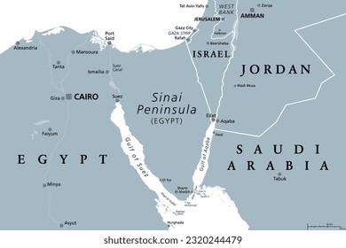 Sinai Peninsula, gray political map. Peninsula in Egypt, located between Mediterranean and Red Sea, a land bridge between the continents Asia and Africa. With parts of Israel, Jordan and Saudi Arabia.