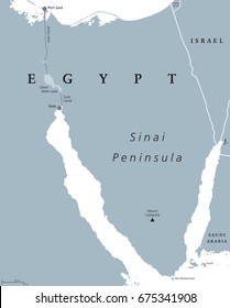 Sinai Peninsula political map. Land bridge in Egypt situated between Mediterranean Sea and Red Sea. With Suez Canal. Gray illustration isolated on white background. English labeling. Vector.