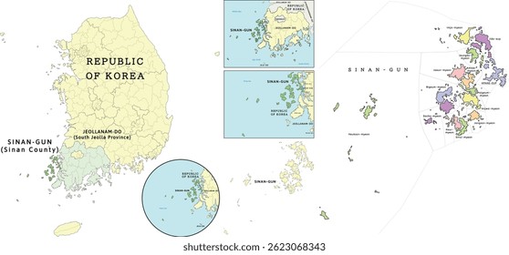 Sinan-gun (condado de Sinan) ubicación en el mapa de Jeollanam-do (provincia de Jeolla del Sur) y República de Corea (Corea del Sur). De color. Vectorizado
