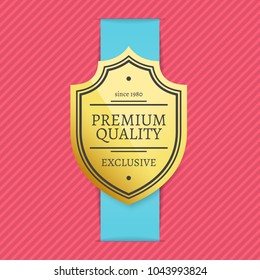 Since 1980 exclusive premium quality golden label stamp award isolated on ribbon at pink striped background. Vector illustration retail warranty symbol