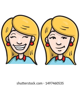 Since a friendly blond businesswoman with red earrings and blue shirt. avatar, upper body.