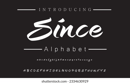 Since Lettering font isolated on black background. Texture alphabet in street art and graffiti style. Grunge and dirty effect.  Vector brush letters.